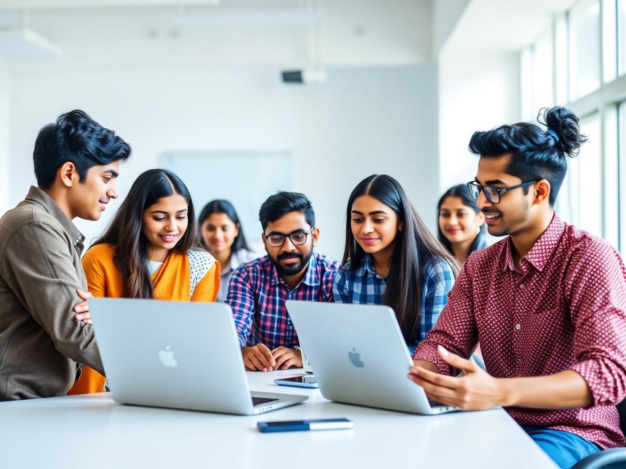 College students learning together on laptops in a bright classroom